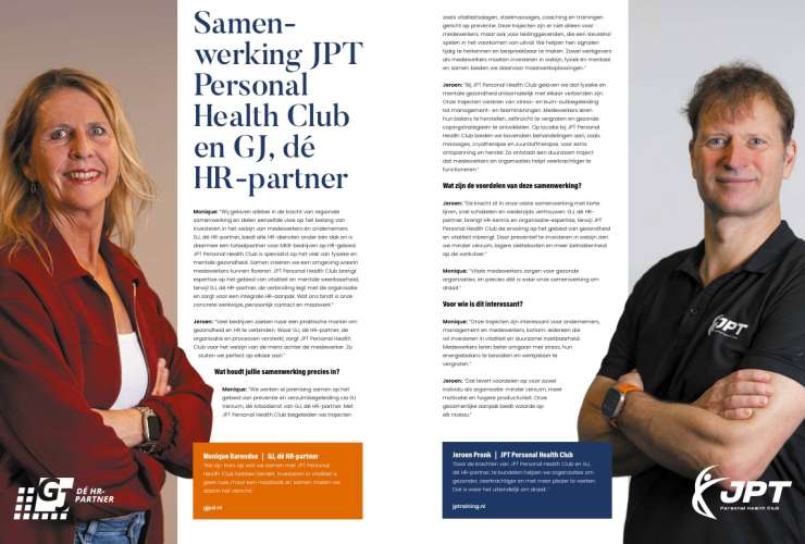 Samenwerking JPT Personal Health Club en GJ, dé HR-partner