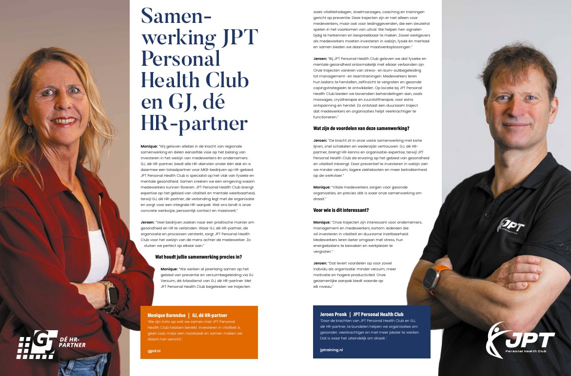 Samenwerking JPT Personal Health Club en GJ, dé HR-partner